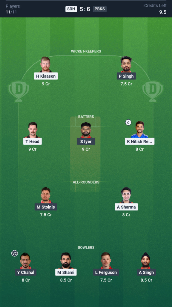 SRH vs PBKS आज की ड्रीम11 फैंटेसी टीम