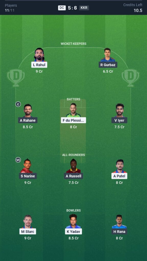 DC vs KKR आज की ड्रीम11 फैंटेसी टीम